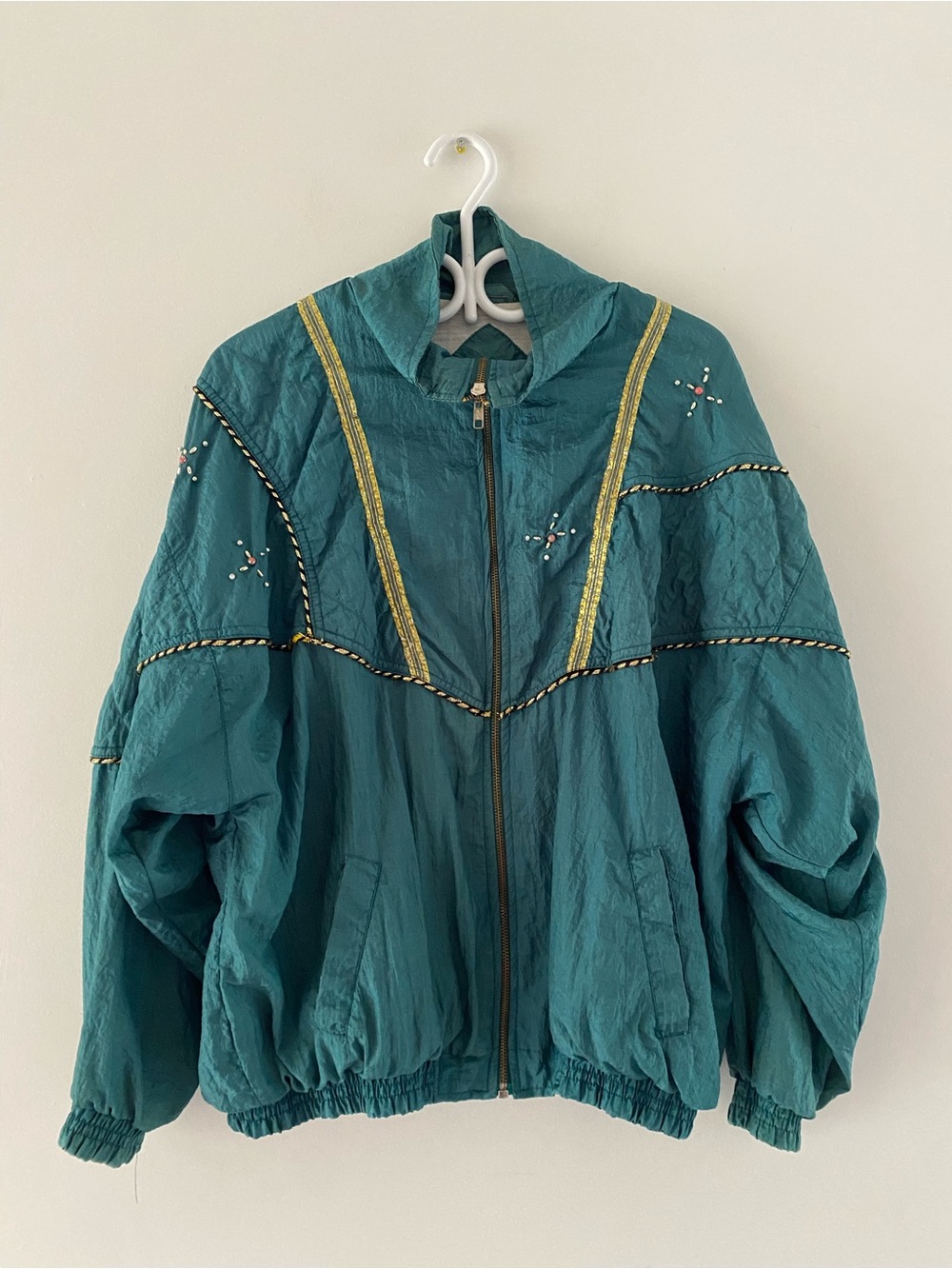 Green Gloria Vanderbilt Embroidered Bomber Jacket with Gold Trim